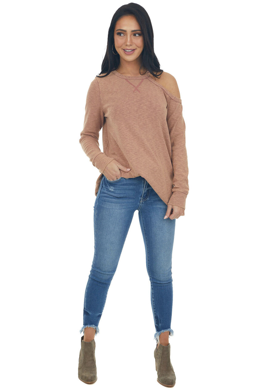 Marsala Two Toned Long Sleeve Top with Cold Shoulder Detail