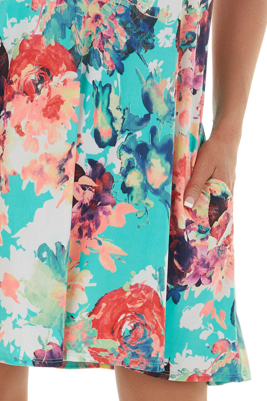 Seafoam Neon Floral Sleeveless Swing Dress 