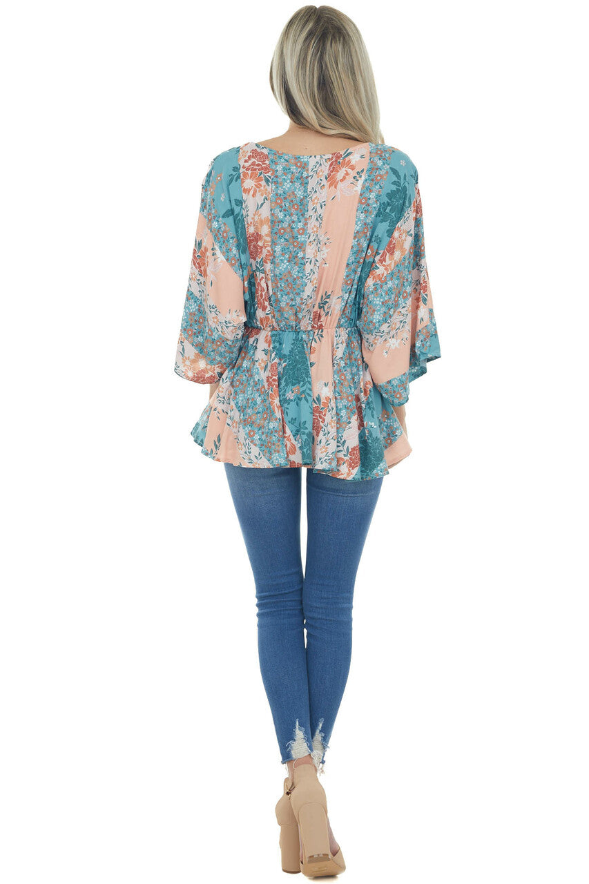 Teal and Peach Floral Multiprint Peplum Top 