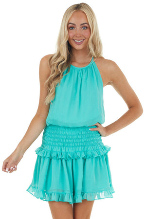 Aquamarine Halter Mini Dress with Smocked Ruffle Detail 