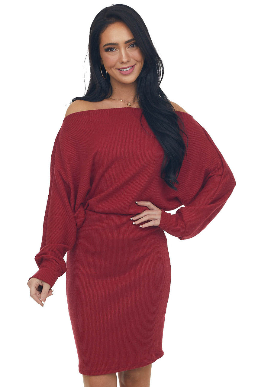 Cherry Ribbed Off Shoulder Dolman Sleeve Dress