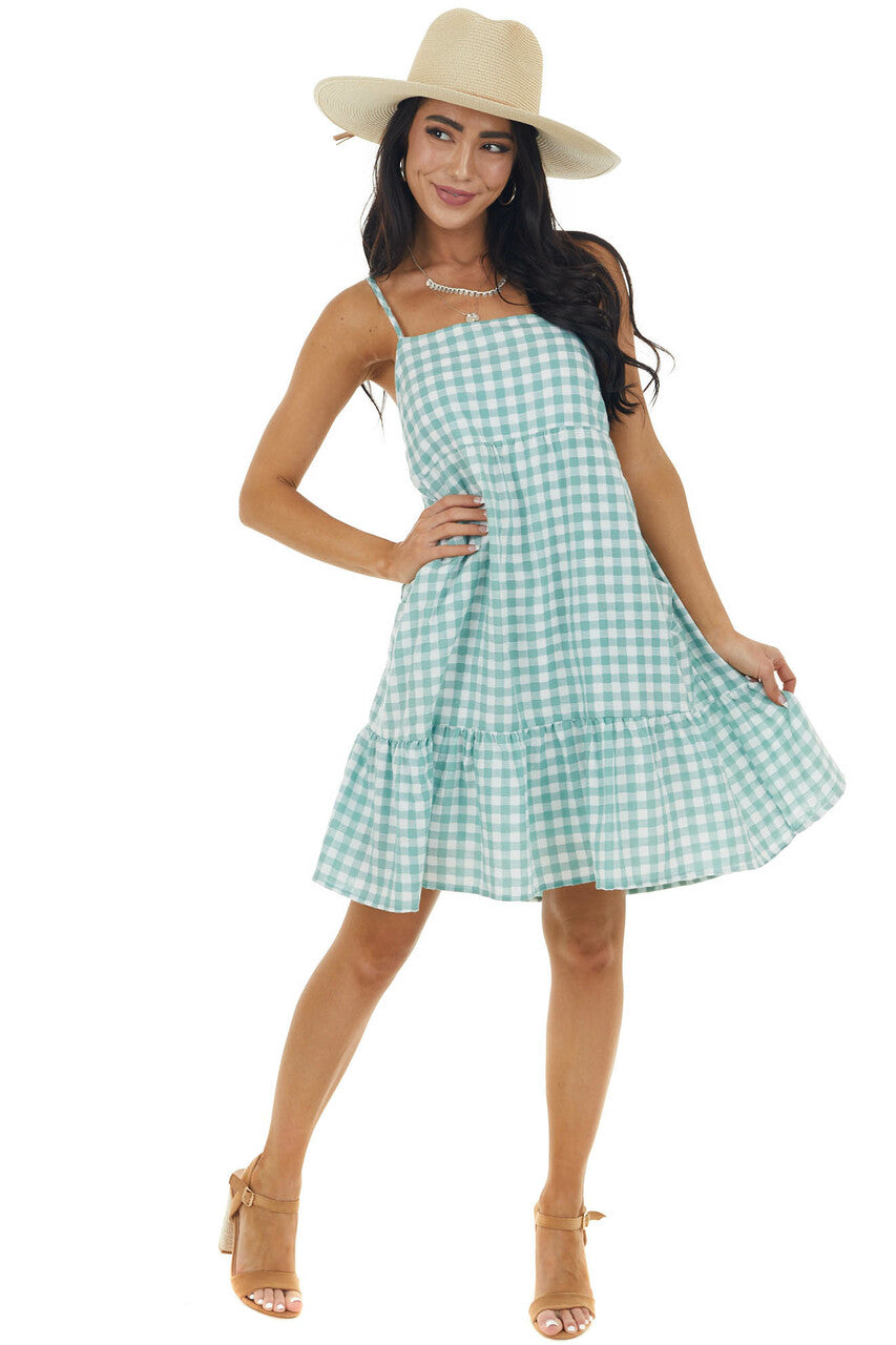 Faded Juniper Gingham Sleeveless Short Dress