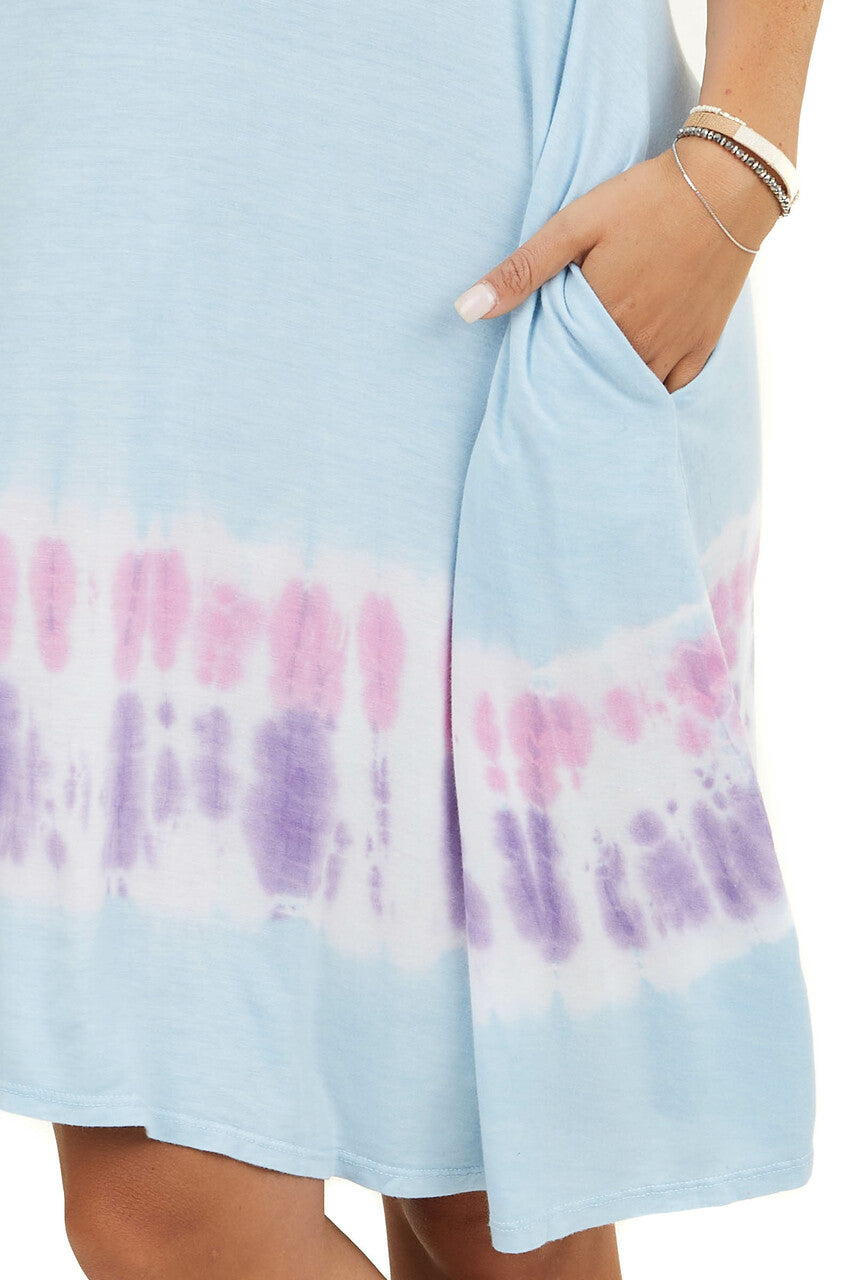 Baby Blue Tie Dye Short Sleeve Swing Knit Dress with Pockets 