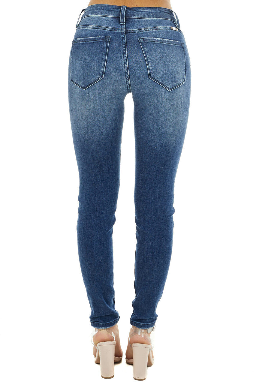 Dark Wash Mid Rise Distressed Plaid Patch Skinny Jeans