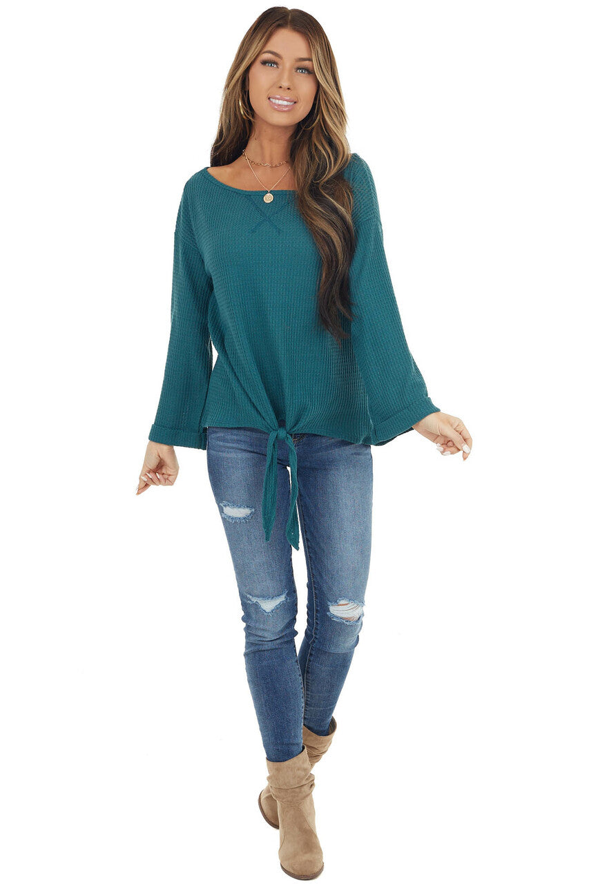 Pine Long Sleeve Waffle Knit Top with Front Tie Detail