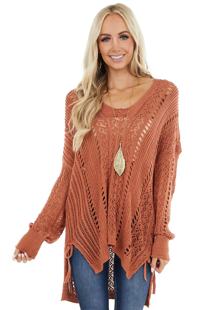 Light Tawny Crochet Knit Long Sleeve Top with Side Slits 