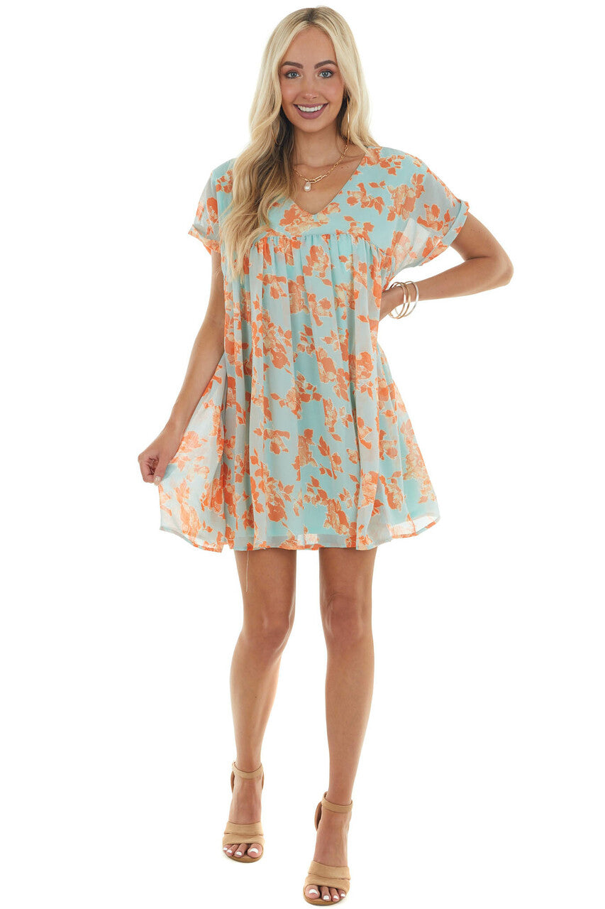 Aqua and Sunset Floral Babydoll Woven Dress