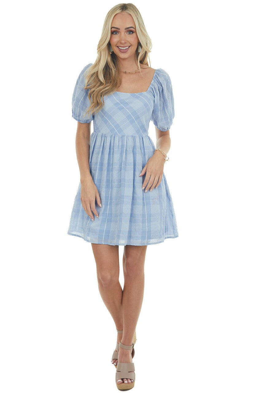 Powder Blue Plaid Babydoll Short Dress 