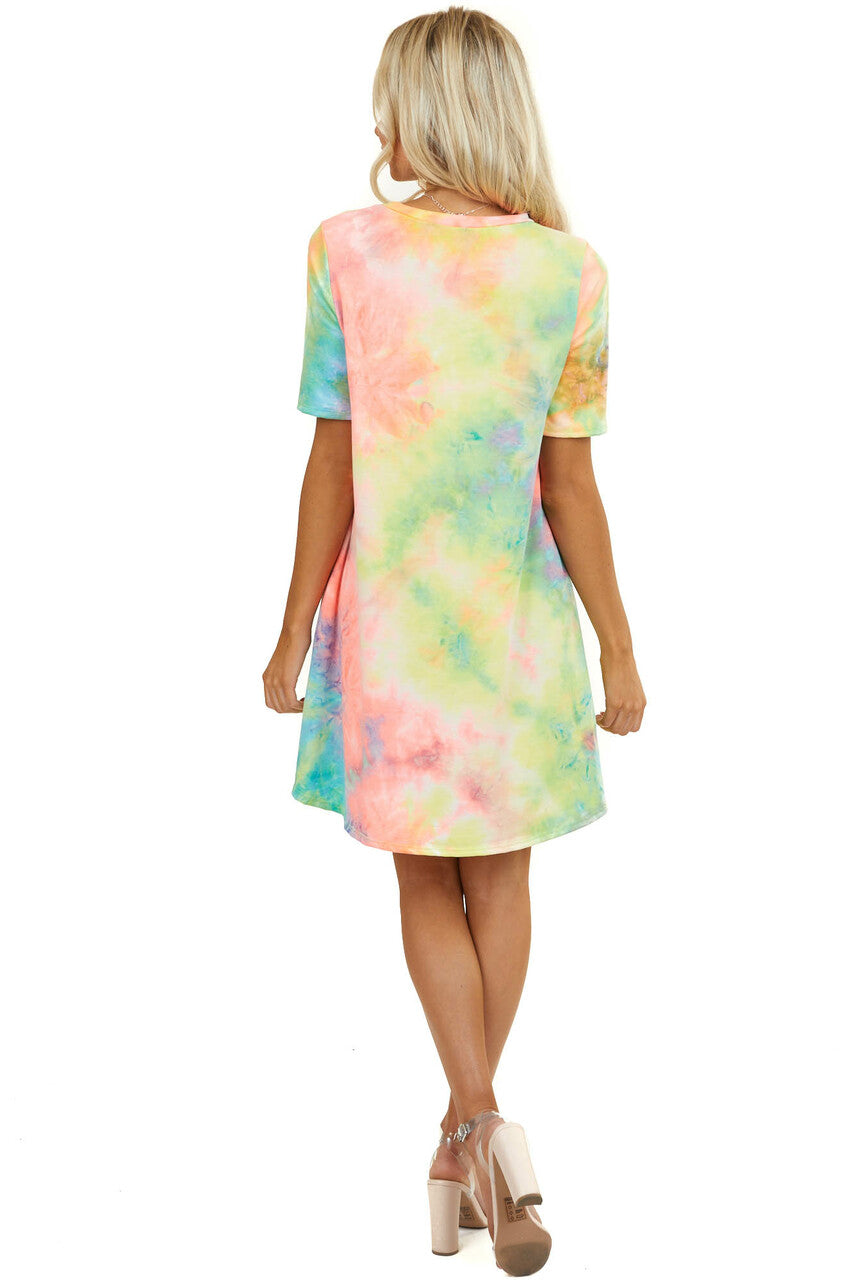 Multicolor Tie Dye Short Sleeve Dress with Side Pockets 