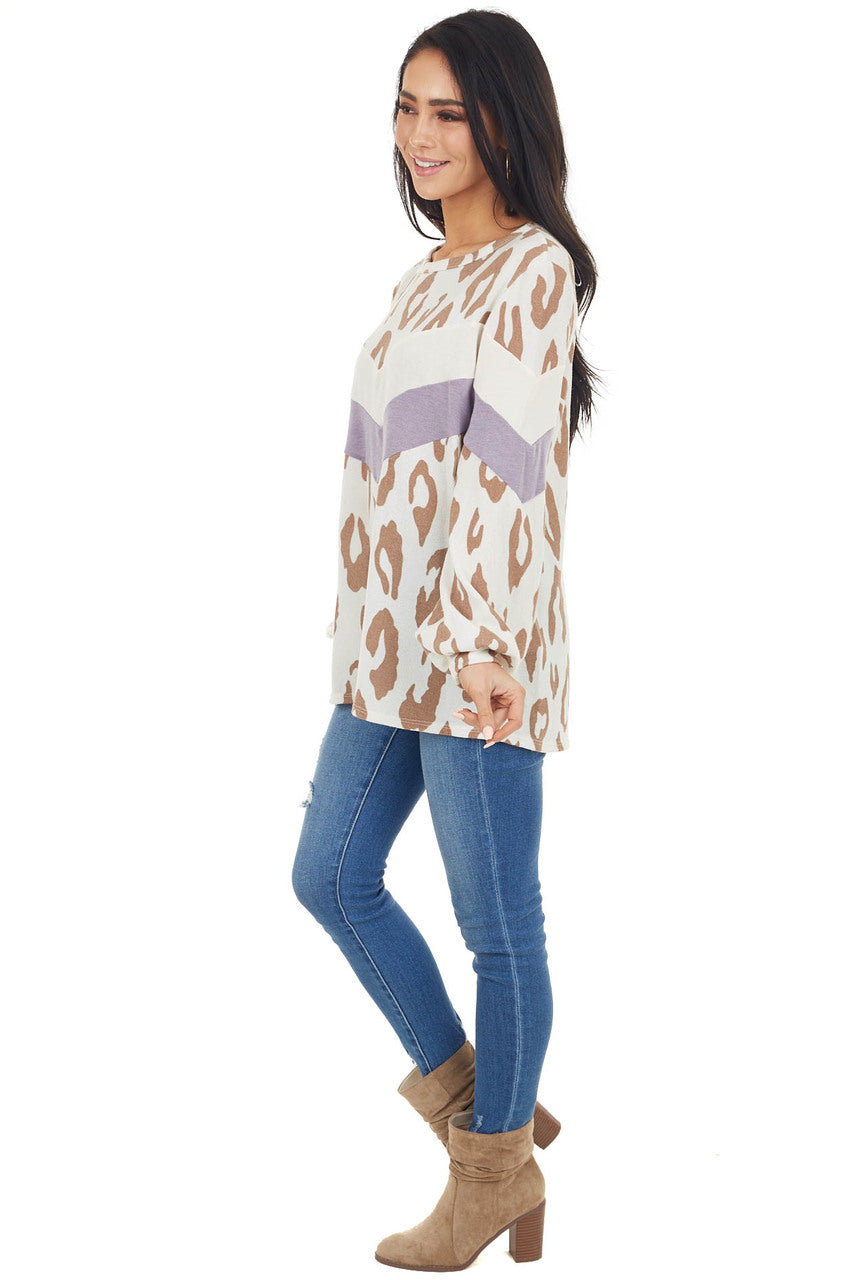 Ivory Leopard Print Puff Sleeve Top with Chevron Colorblock