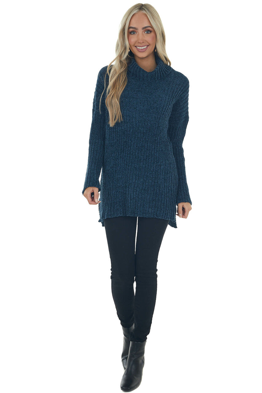 Steel Blue Chenille Ribbed Cowl Neck Sweater