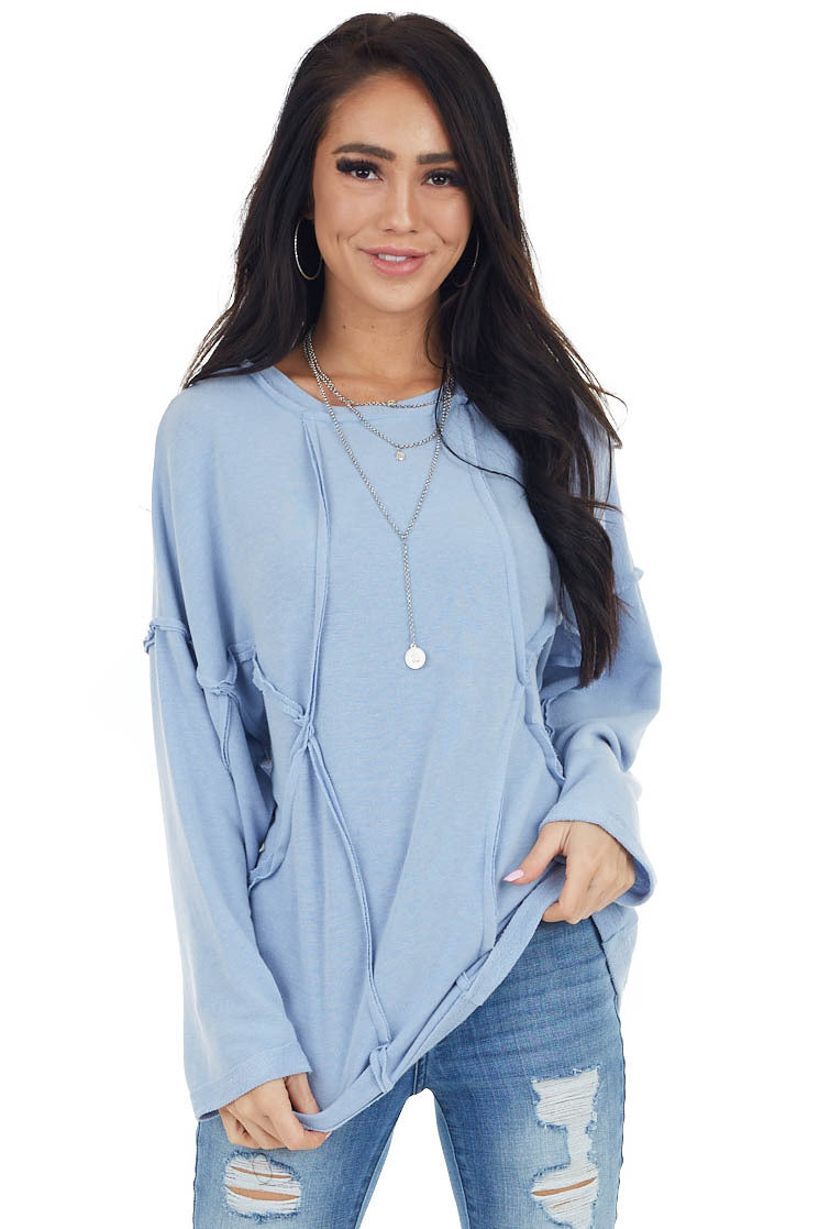 Powder Blue French Terry Knit Top with Raw Edge Details