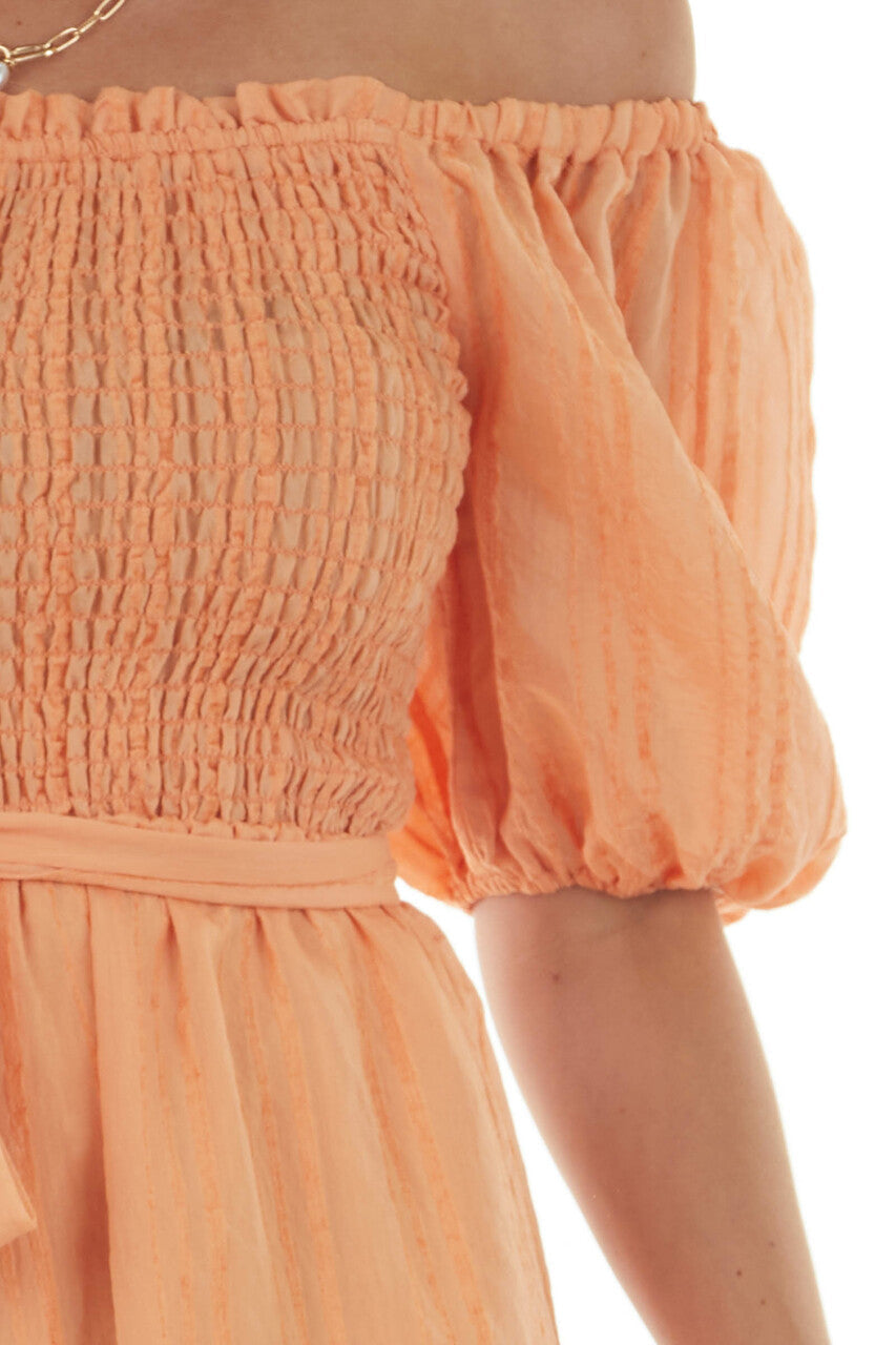 Melon Textured Romper with Short Puff Sleeves