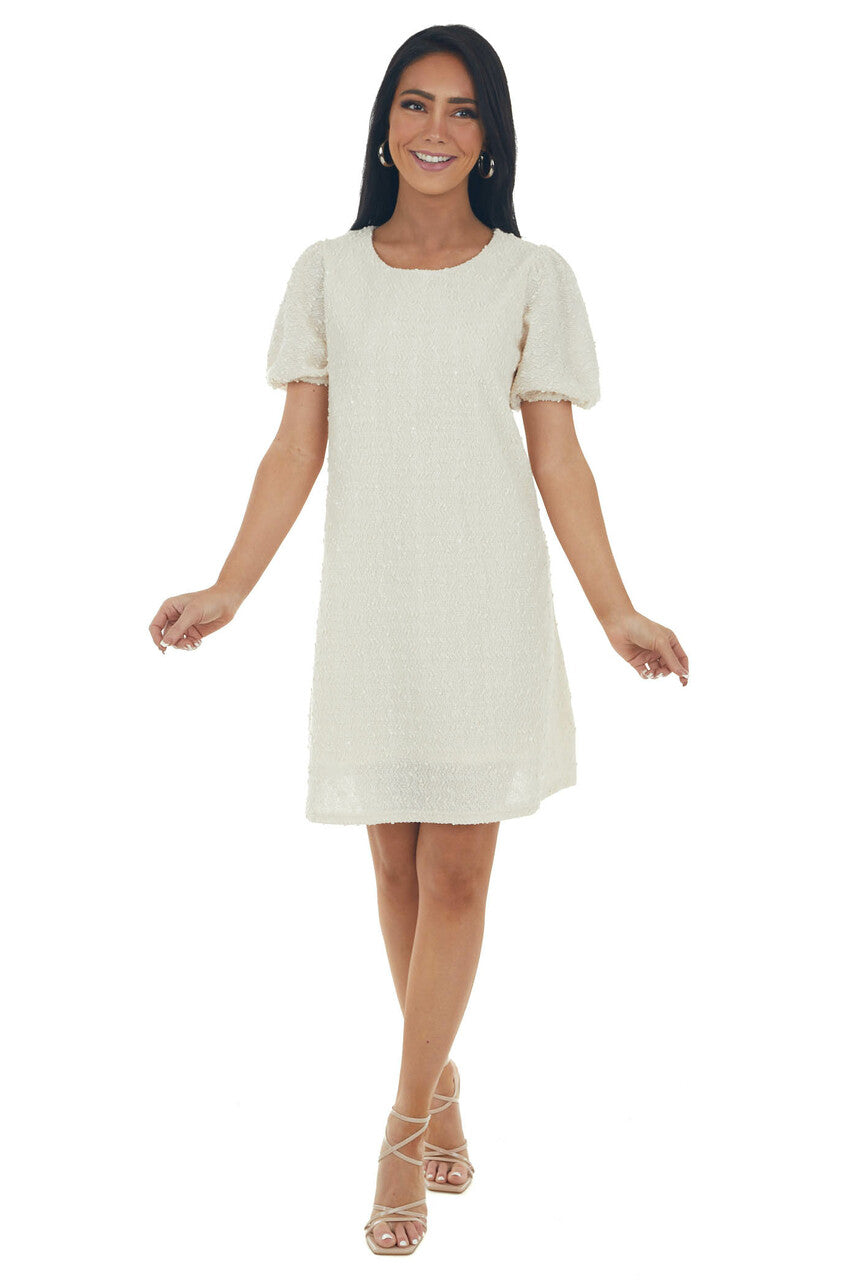 Cream Textured Metallic Threaded Shift Dress