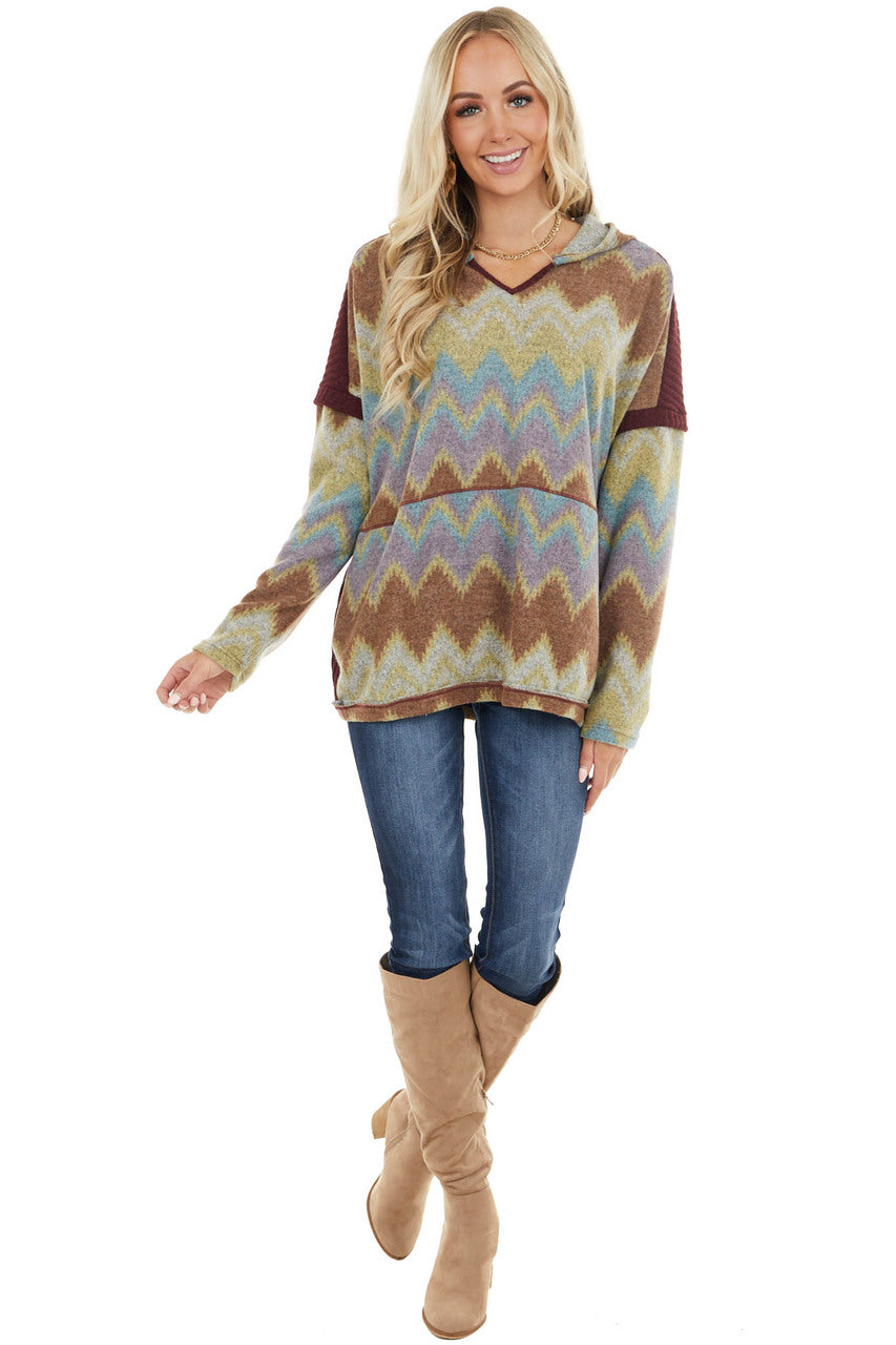 Mahogany Aztec Print Long Sleeve Top with Hood and Pockets