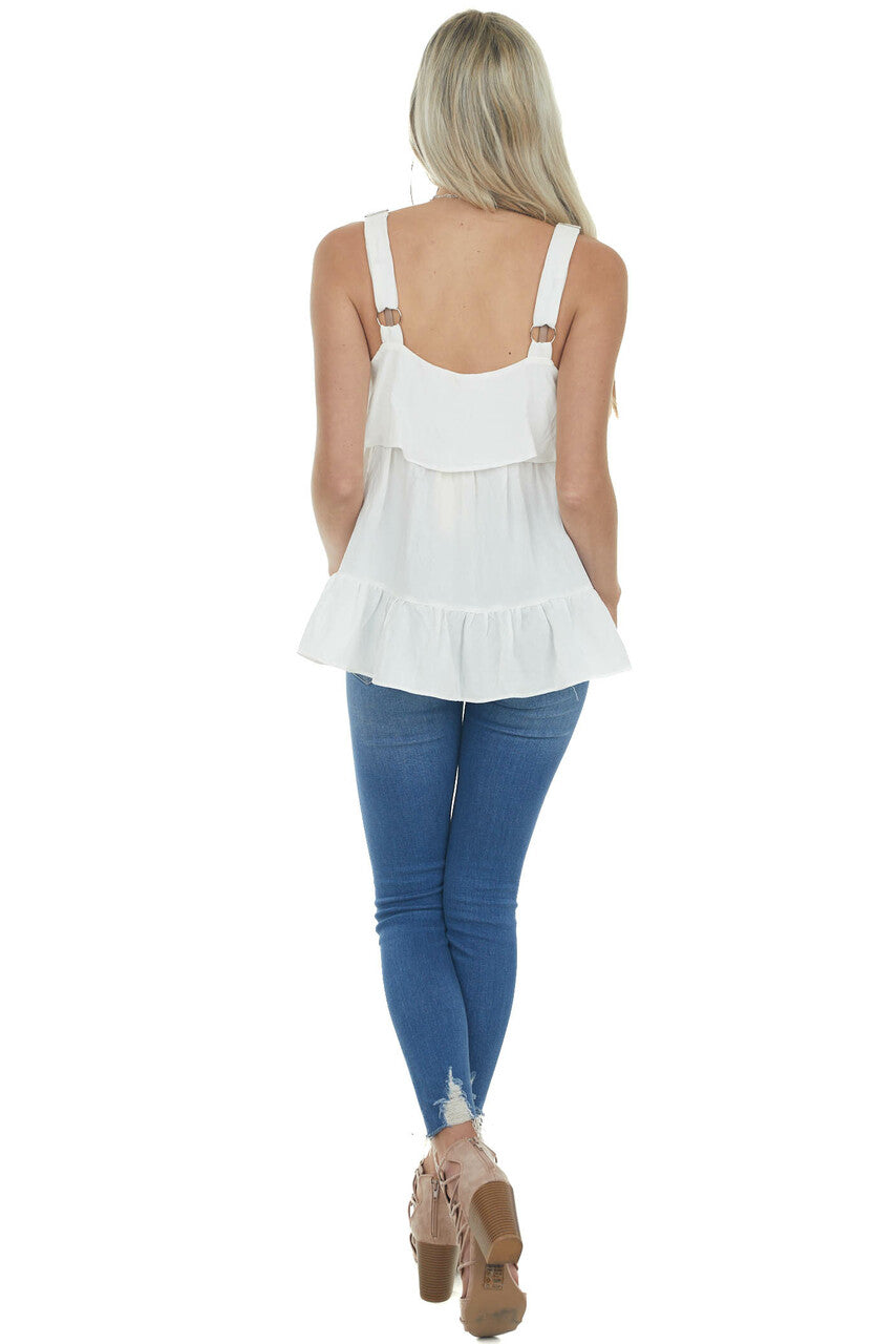 Off White Woven Tank Top with Ruffle Details
