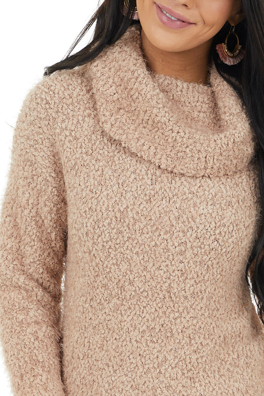 Light Mocha Fuzzy Stretchy Knit Sweater with Turtleneck