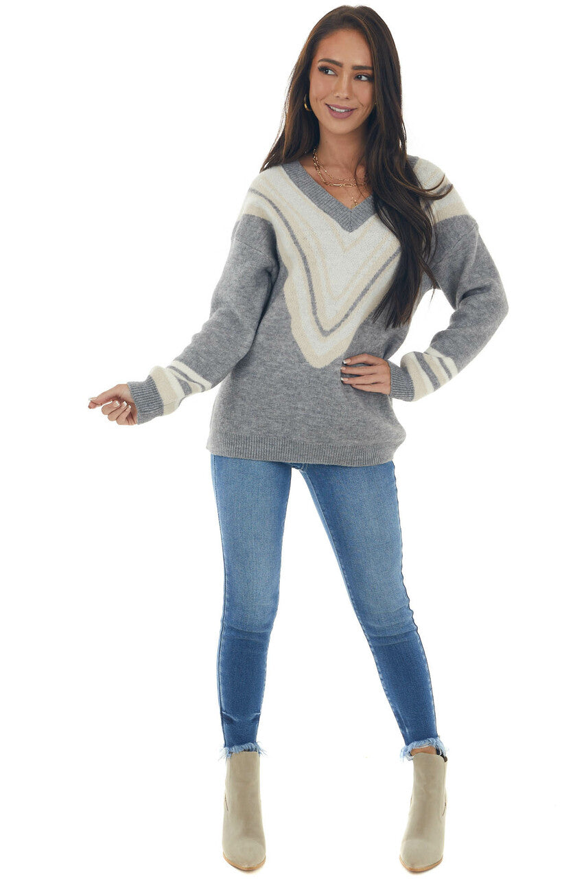 Heathered Steel Striped Chevron V Neck Sweater 