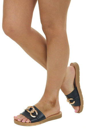 Black Pleather Band Sandals with Chain Detail