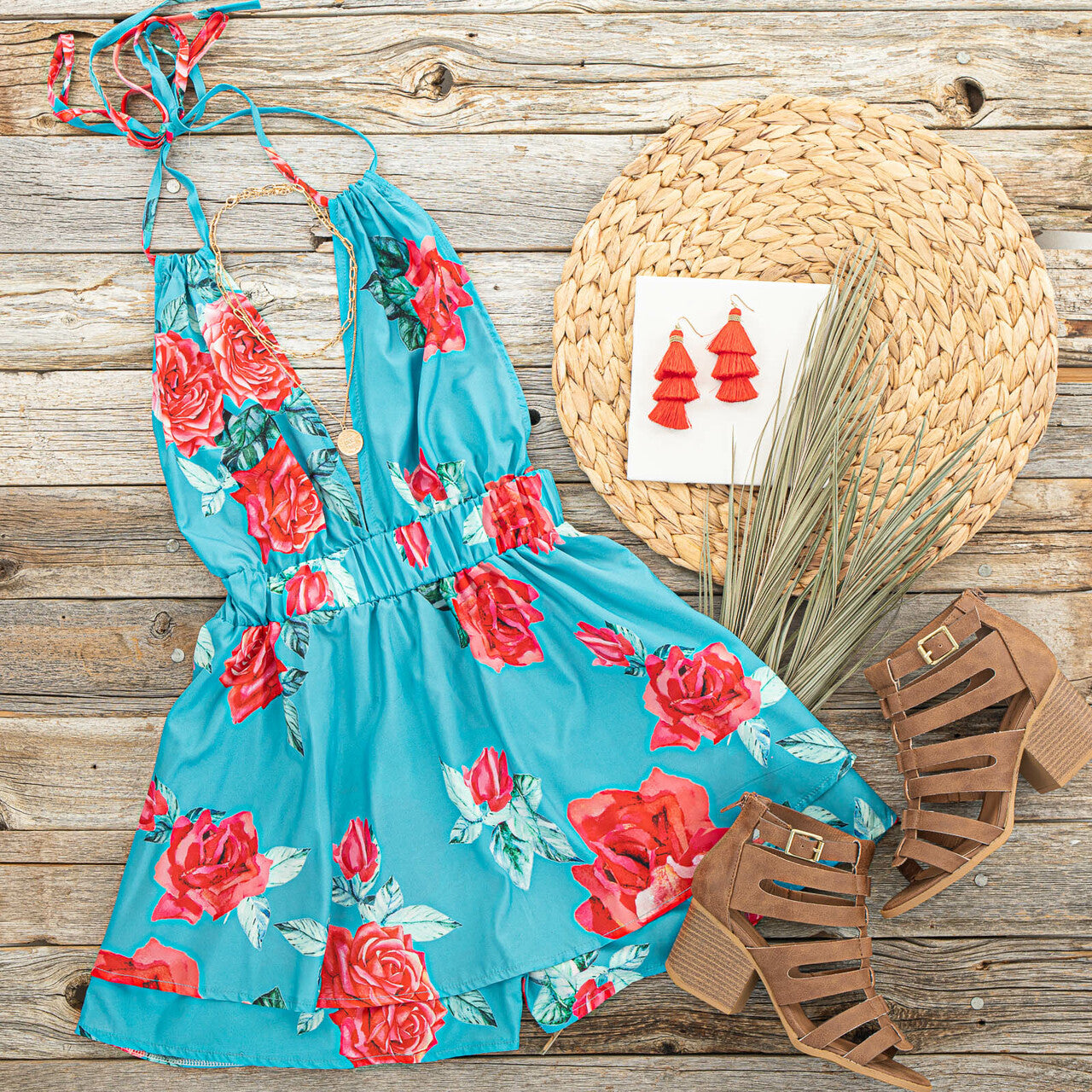 Ocean Floral Print Woven Sleeveless Romper with Skirt Overlay