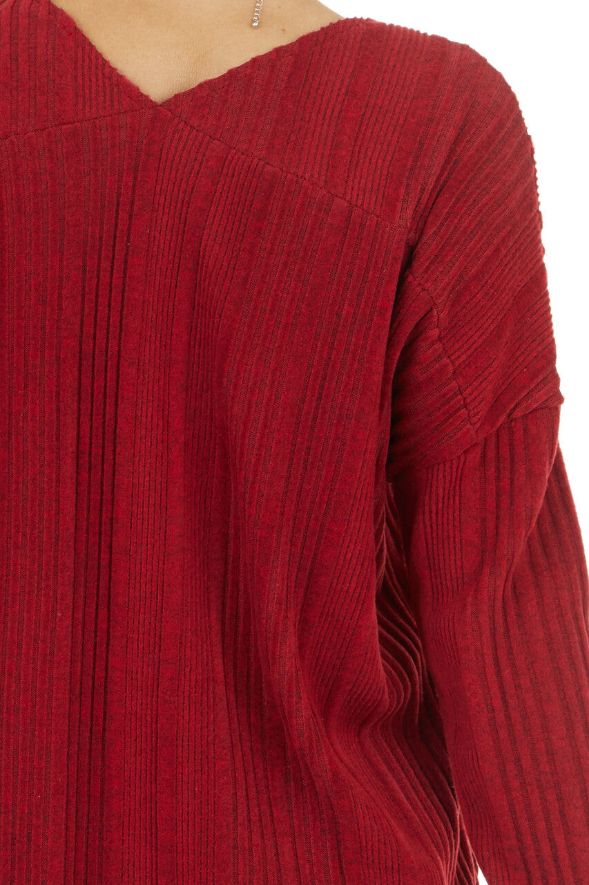 Maroon Long Sleeve Wide Neck Knit Top with Ribbed Detail