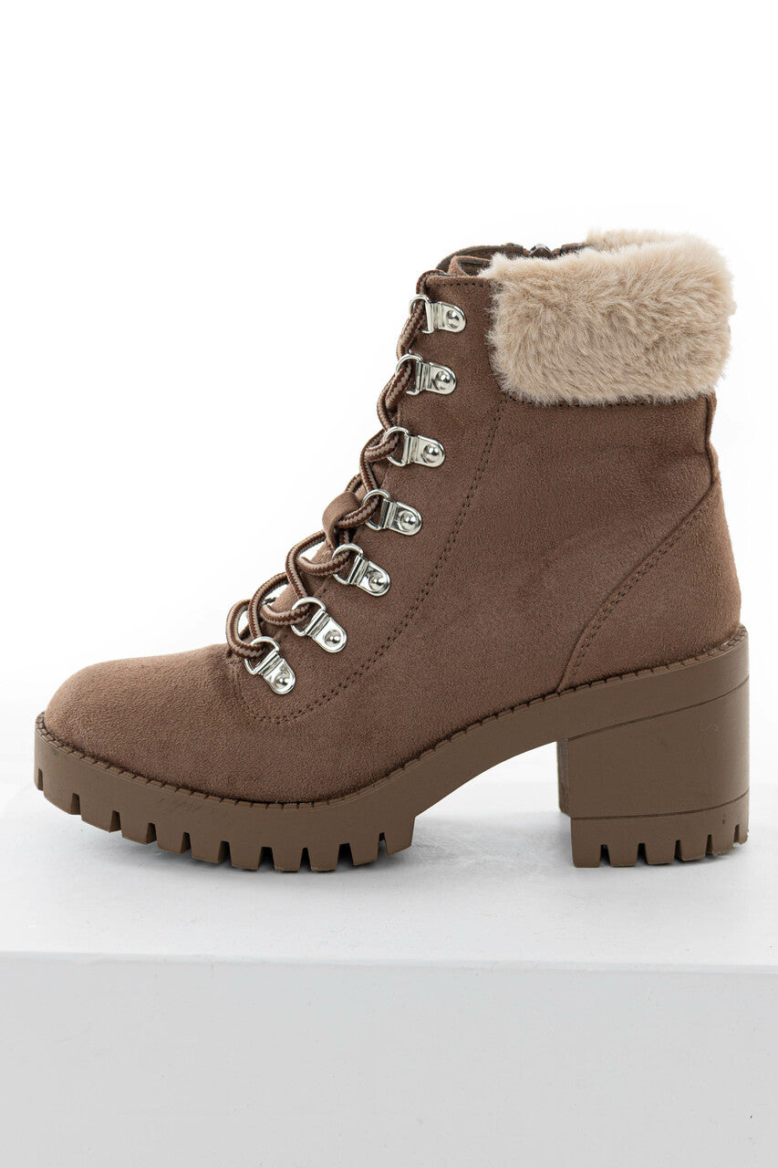 Taupe Faux Suede Lace Up Heeled Lug Booties