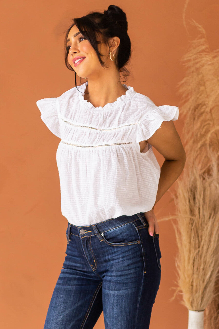 Off White Cap Sleeve Blouse with Lace Yoke