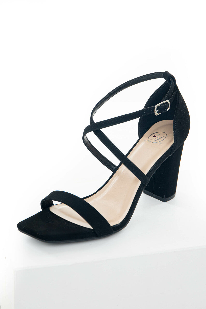 Black Square Toe High Heels with Ankle Strap 