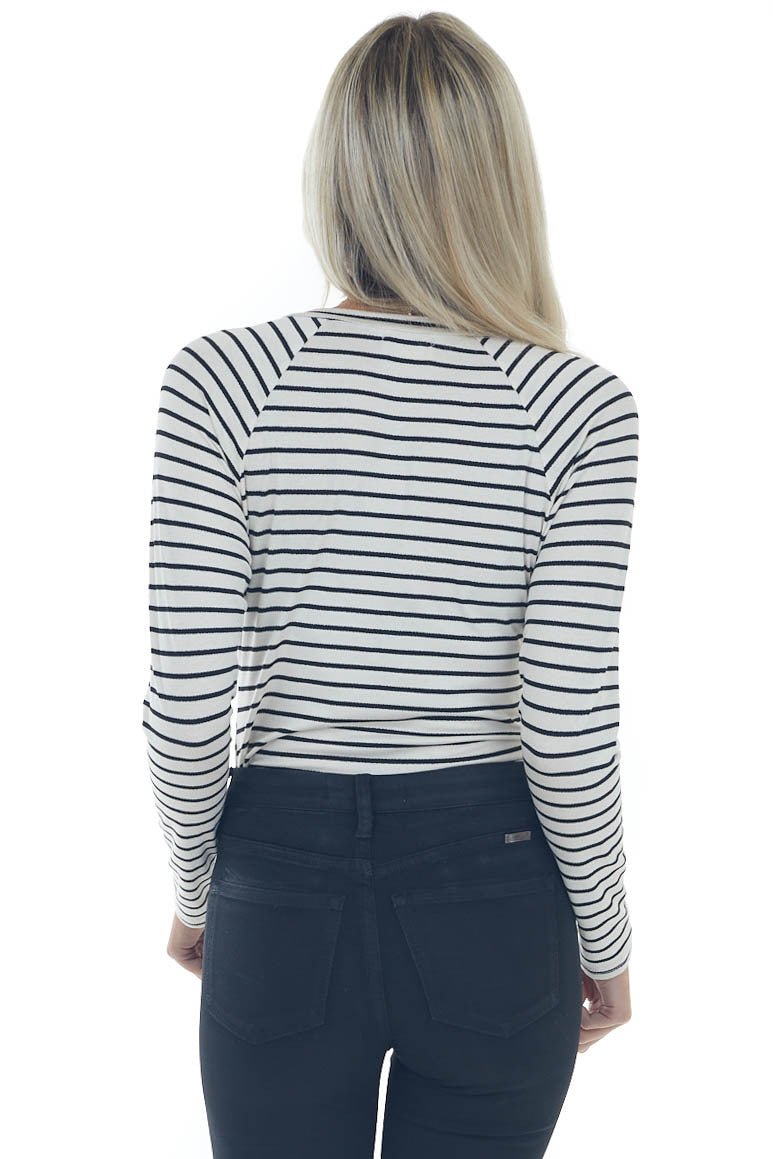 Ivory and Black Striped Henley Style Bodysuit 