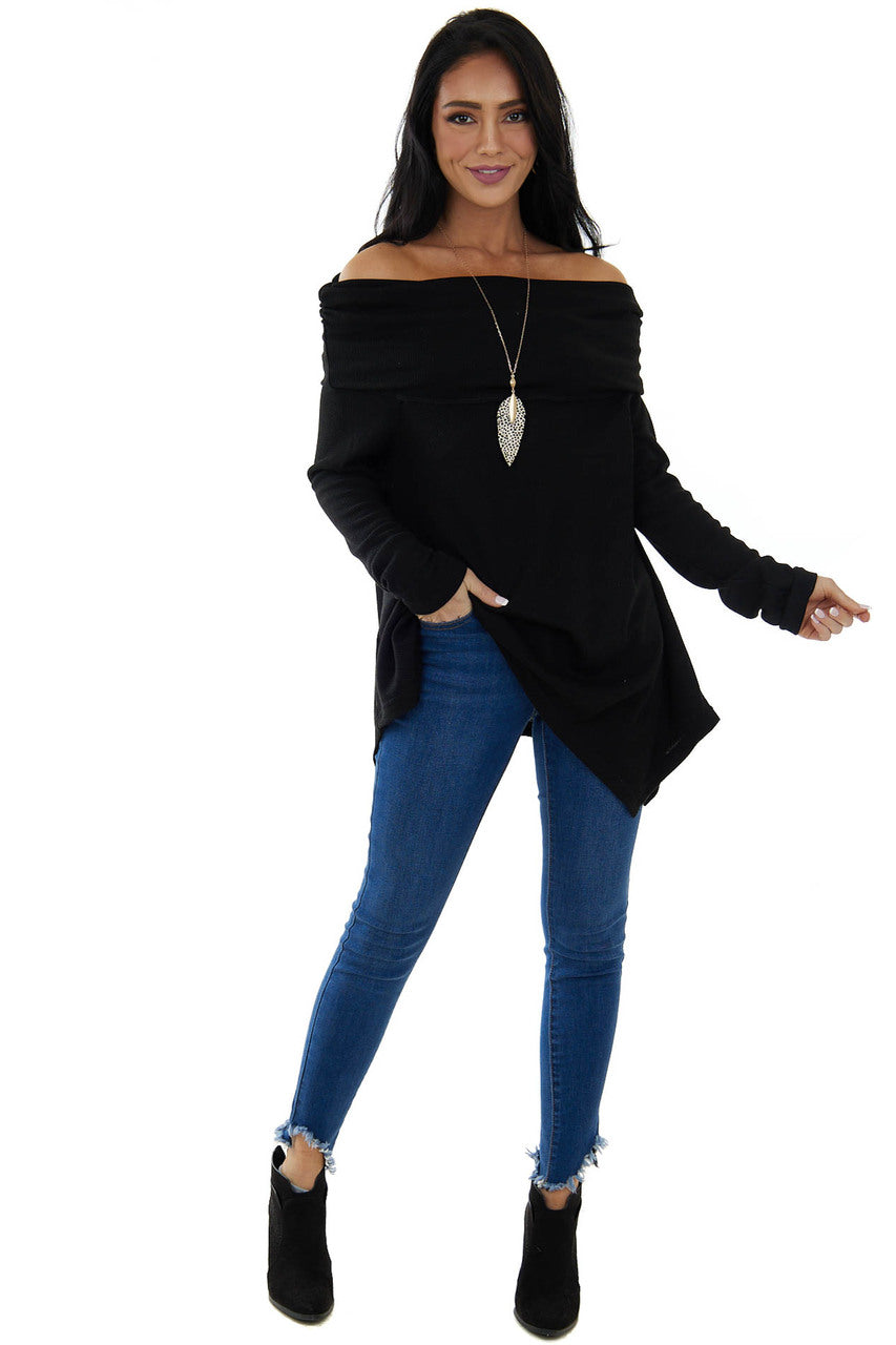 Black Thermal Knit Folded Off Shoulder Top 