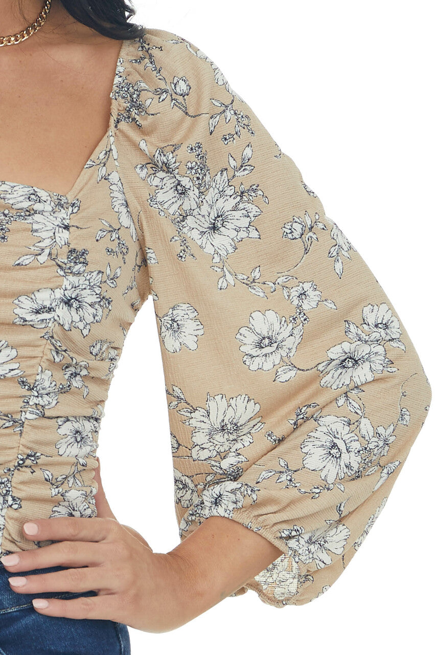 Oatmeal and Ivory Floral Peasant Sleeve Top