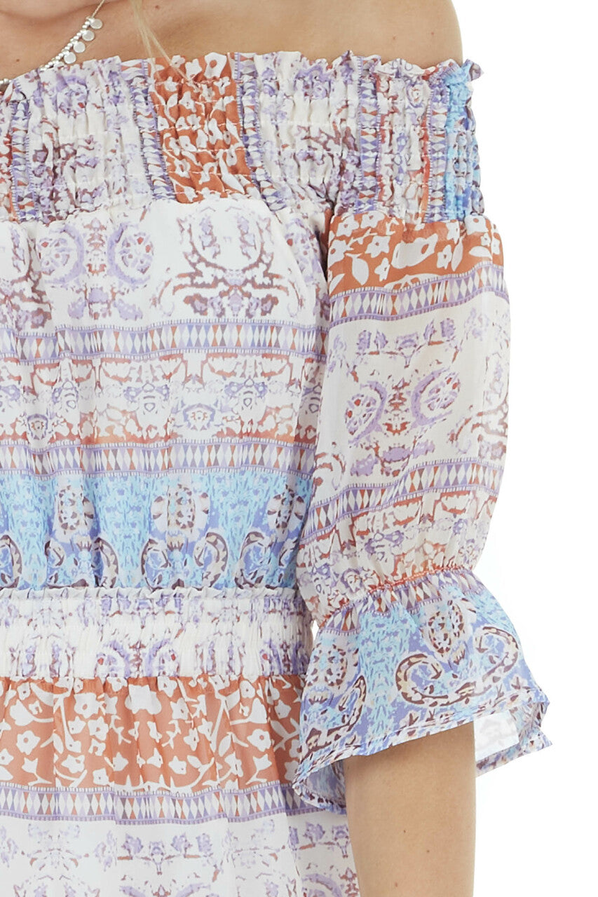 Cream Printed Short Dress with Smocked and Ruffled Detail