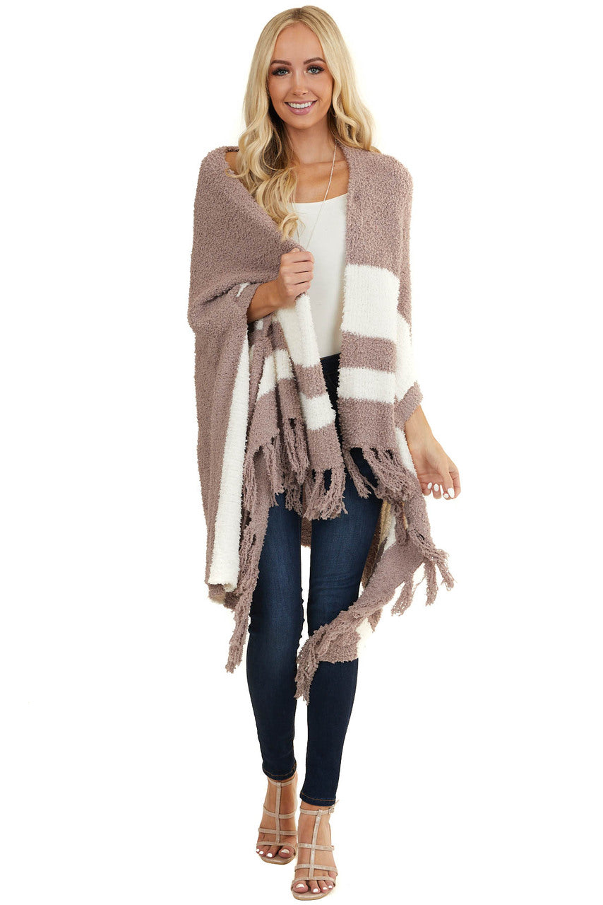 Dusty Rose Super Soft Poncho with Stripes and Fringe Details 