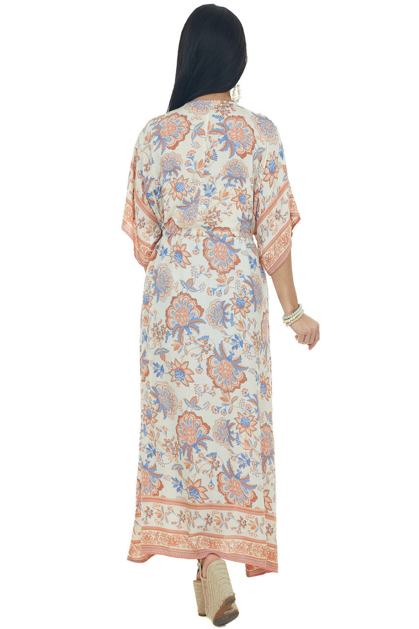 Cream Floral Print Tie Waist Duster Kimono 