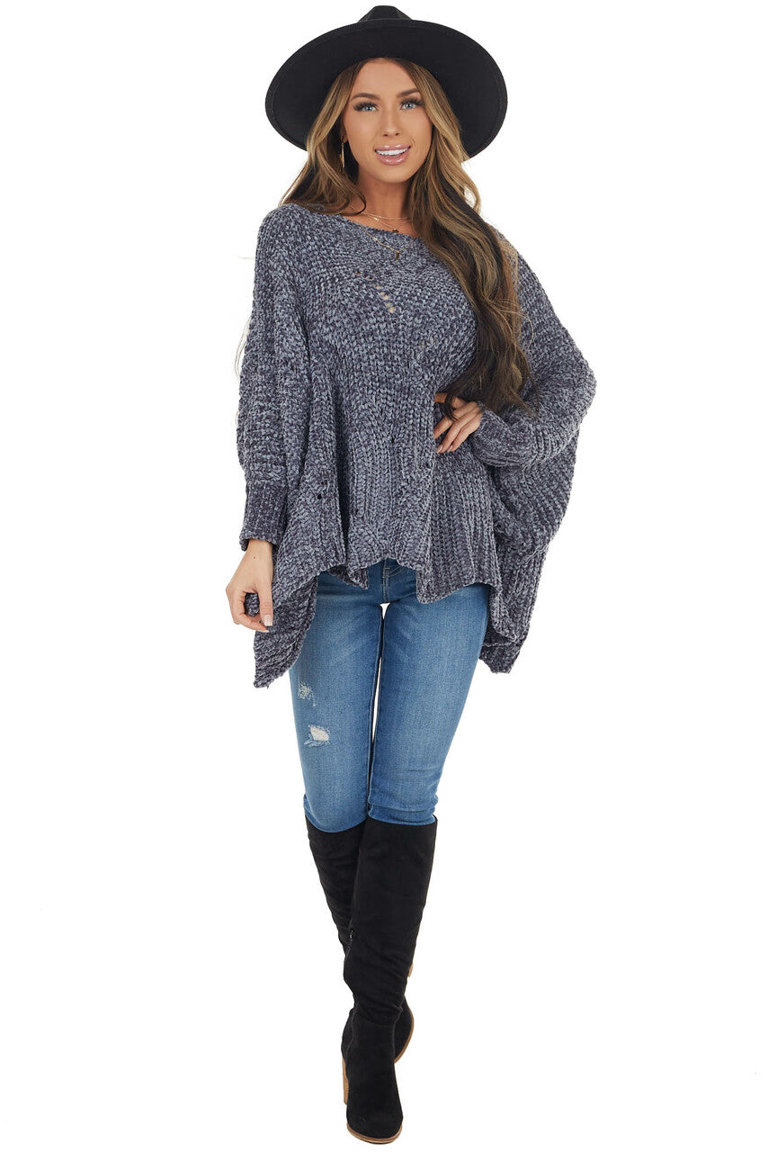 Slate Blue Chenille Knit Sweater with Long Dolman Sleeves