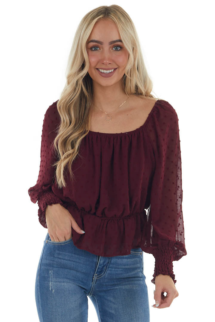 Mahogany Long Sleeve Peplum Swiss Dot Blouse