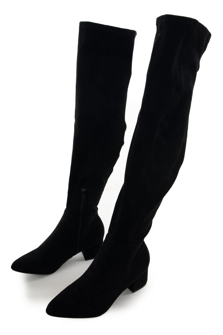 Black Faux Suede Knee High Chunky Heel Boots