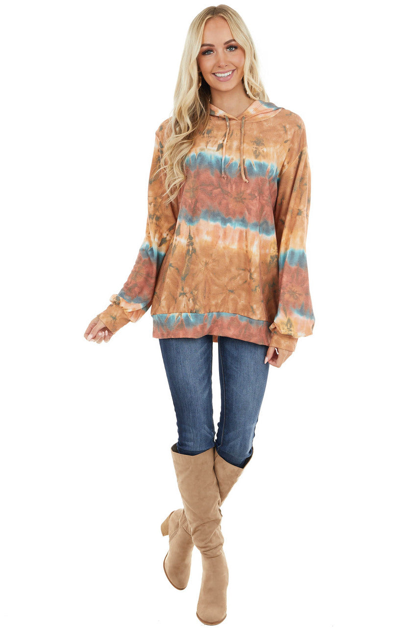 Camel and Rust Tie Dye Long Sleeve Lightweight Hoodie 