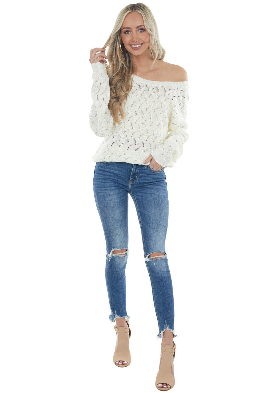 Cream Open Back Pointelle Knit Sweater