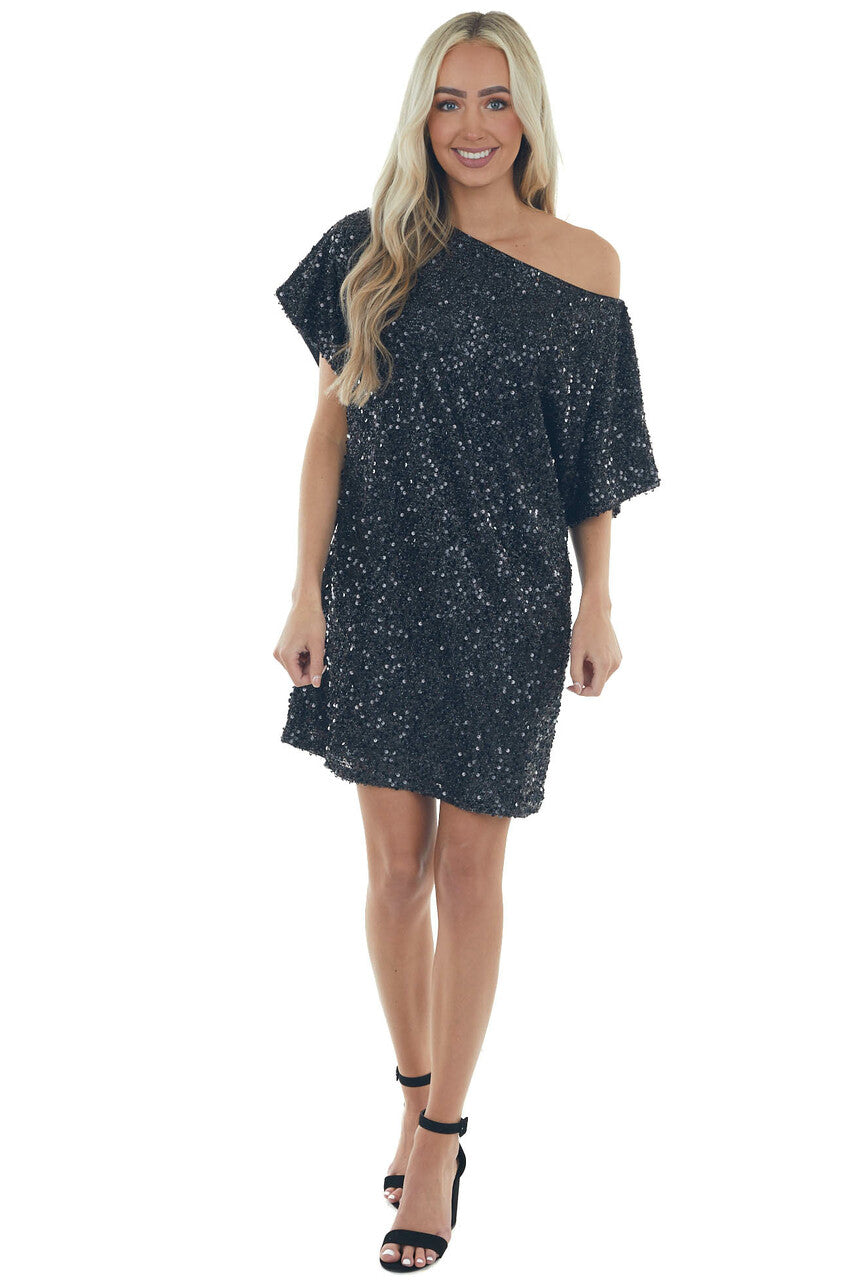 Black Sequined Short Flowy Sleeve Shift Dress