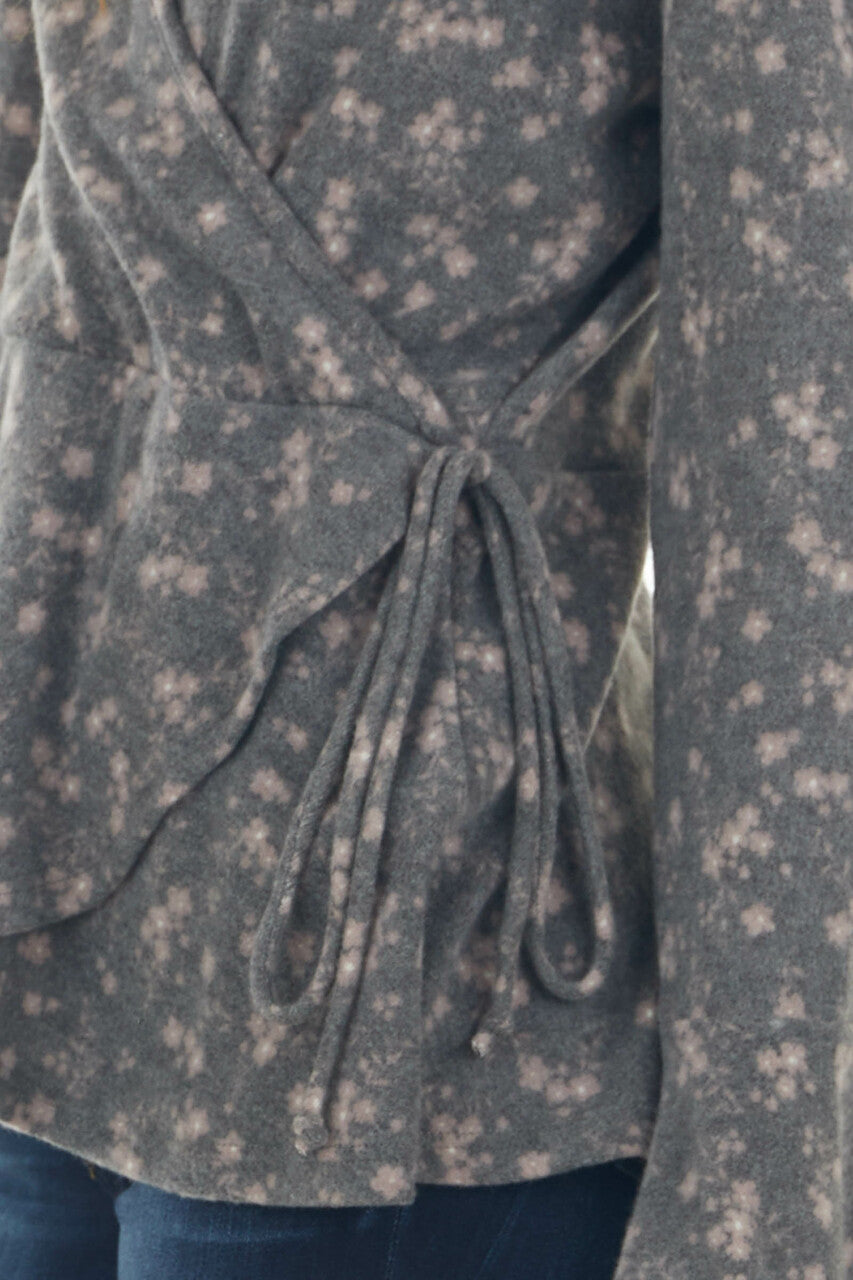 Stone Grey Ditsy Floral Surplice Soft Knit Top