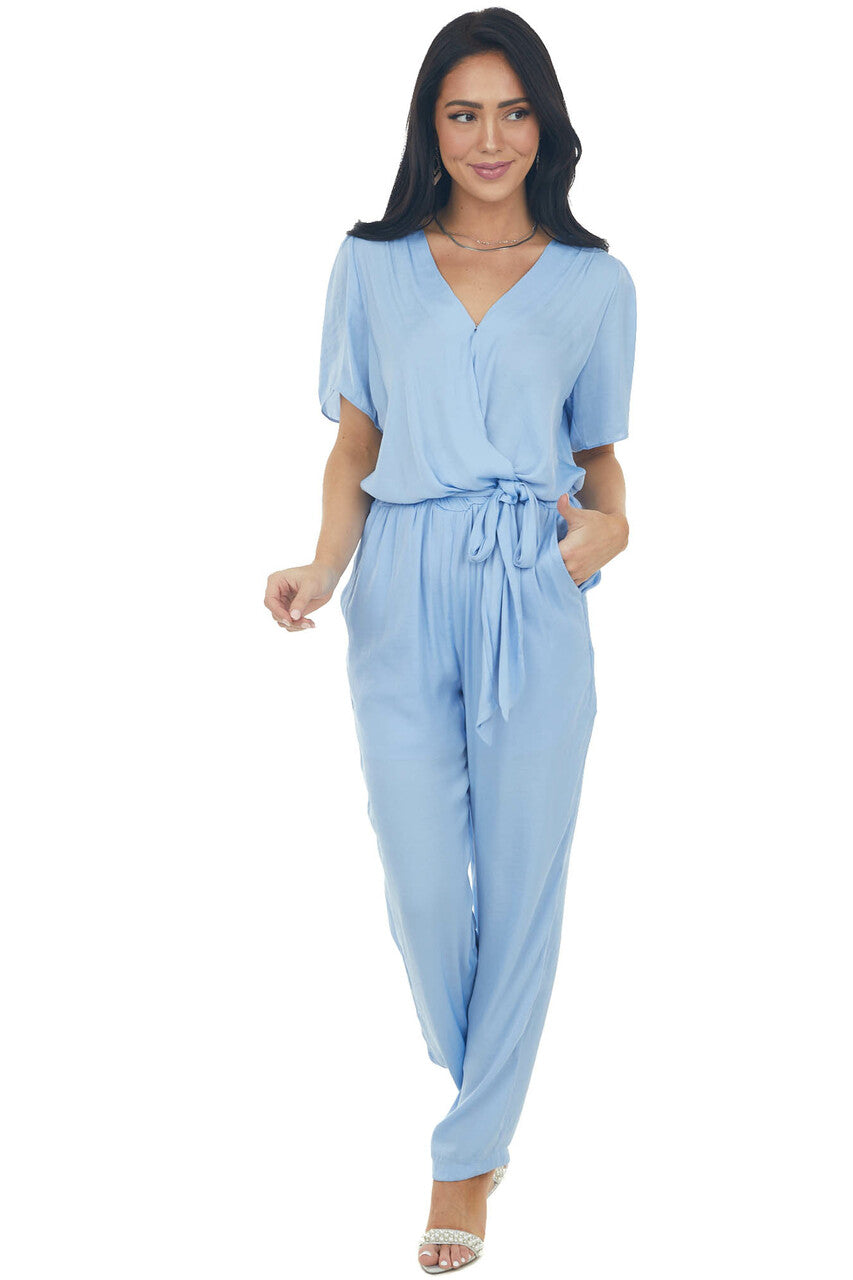 Powder Surplice Woven Short Sleeve Jumpsuit