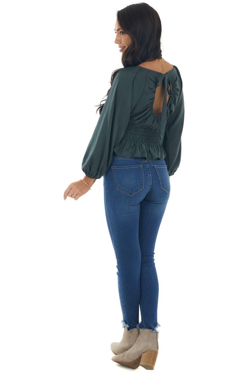 Spruce Open Back Smocked Peplum Silky Blouse 