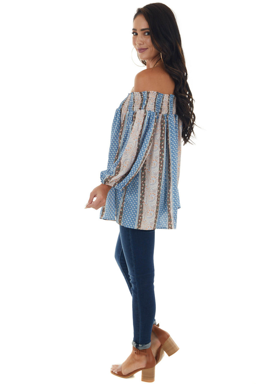 Dusty Blue Printed Smocked Off Shoulder Blouse
