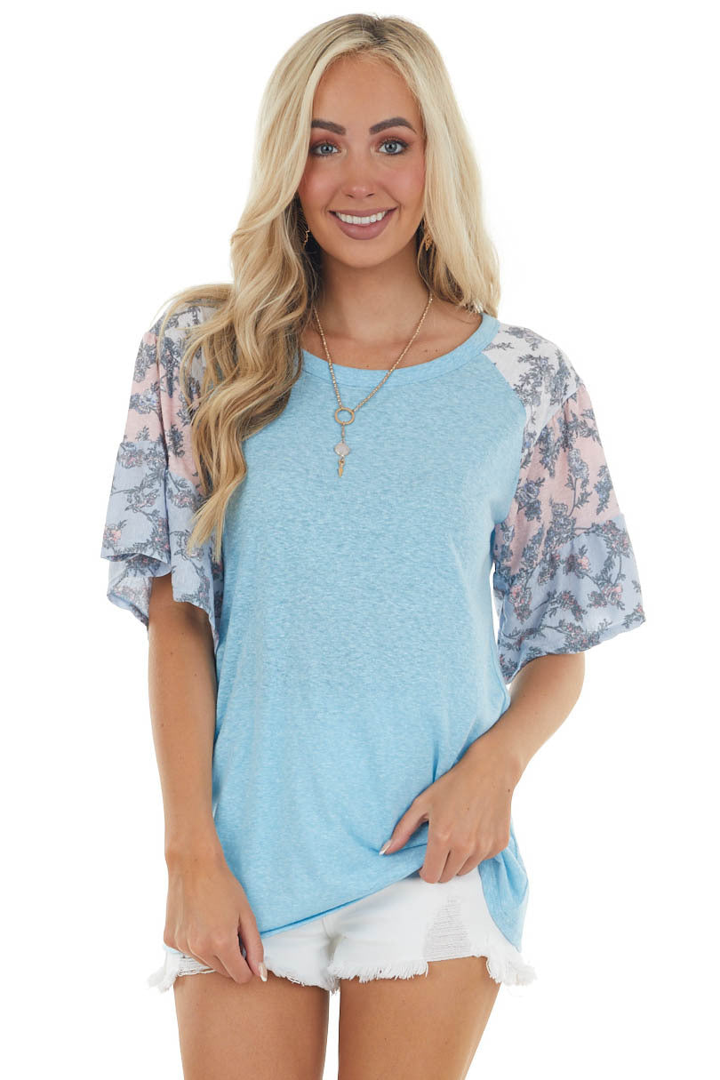 Azure and Floral Print Sleeve Raglan Top