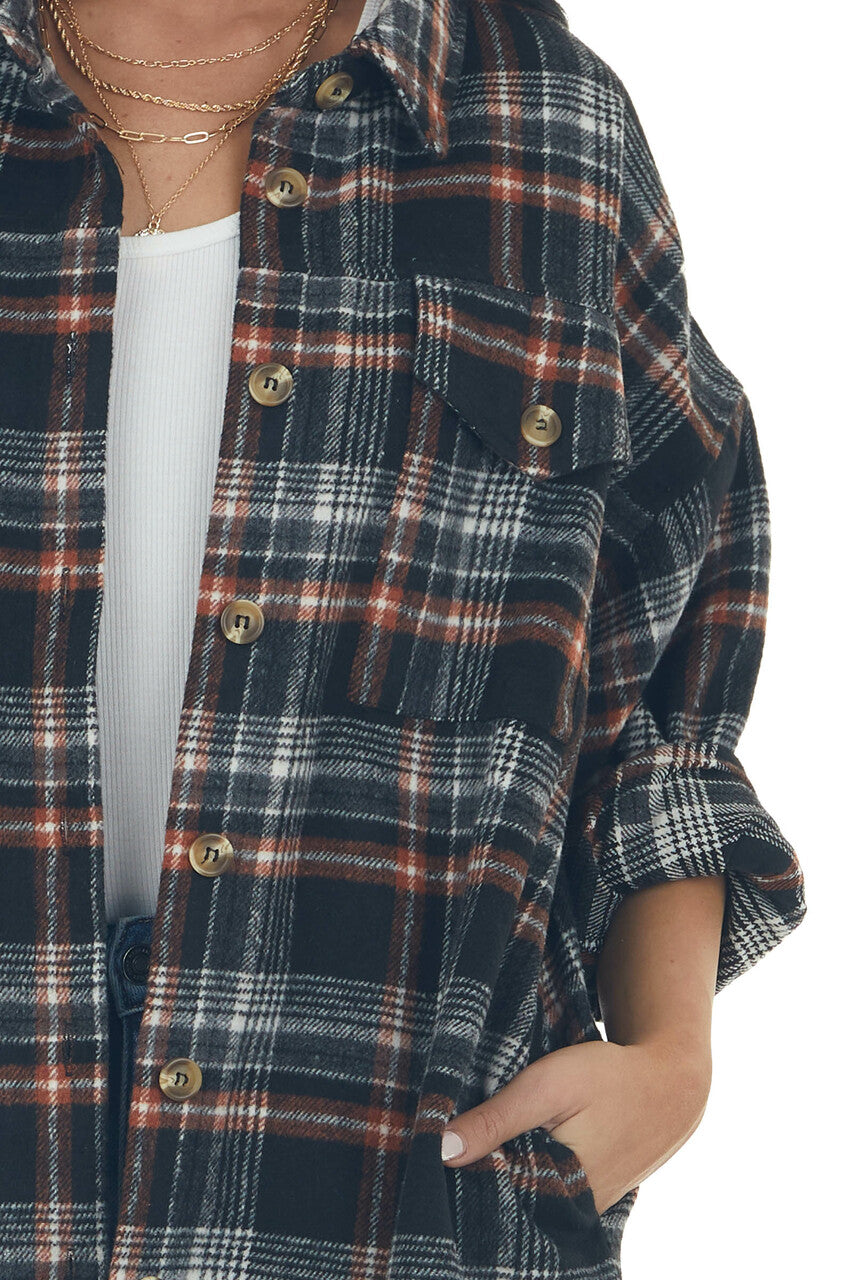 Black and Pumpkin Plaid Button Up Top 