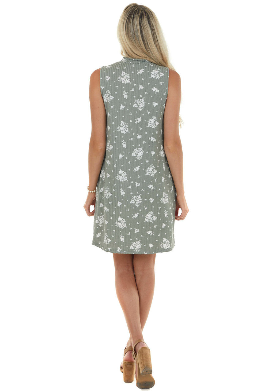 Sage Floral Print Mock Neck Ribbed Dress