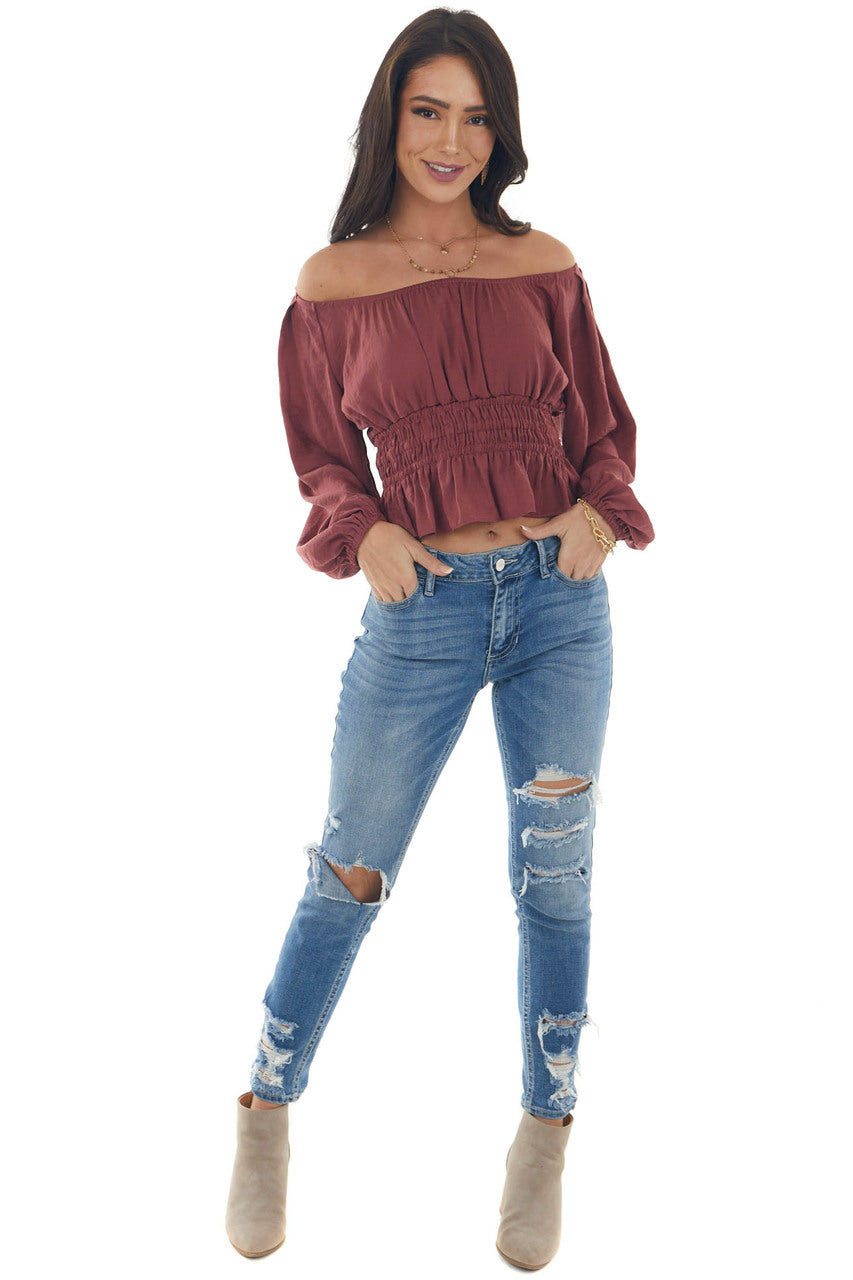 Marsala Open Back Smocked Peplum Silky Blouse 