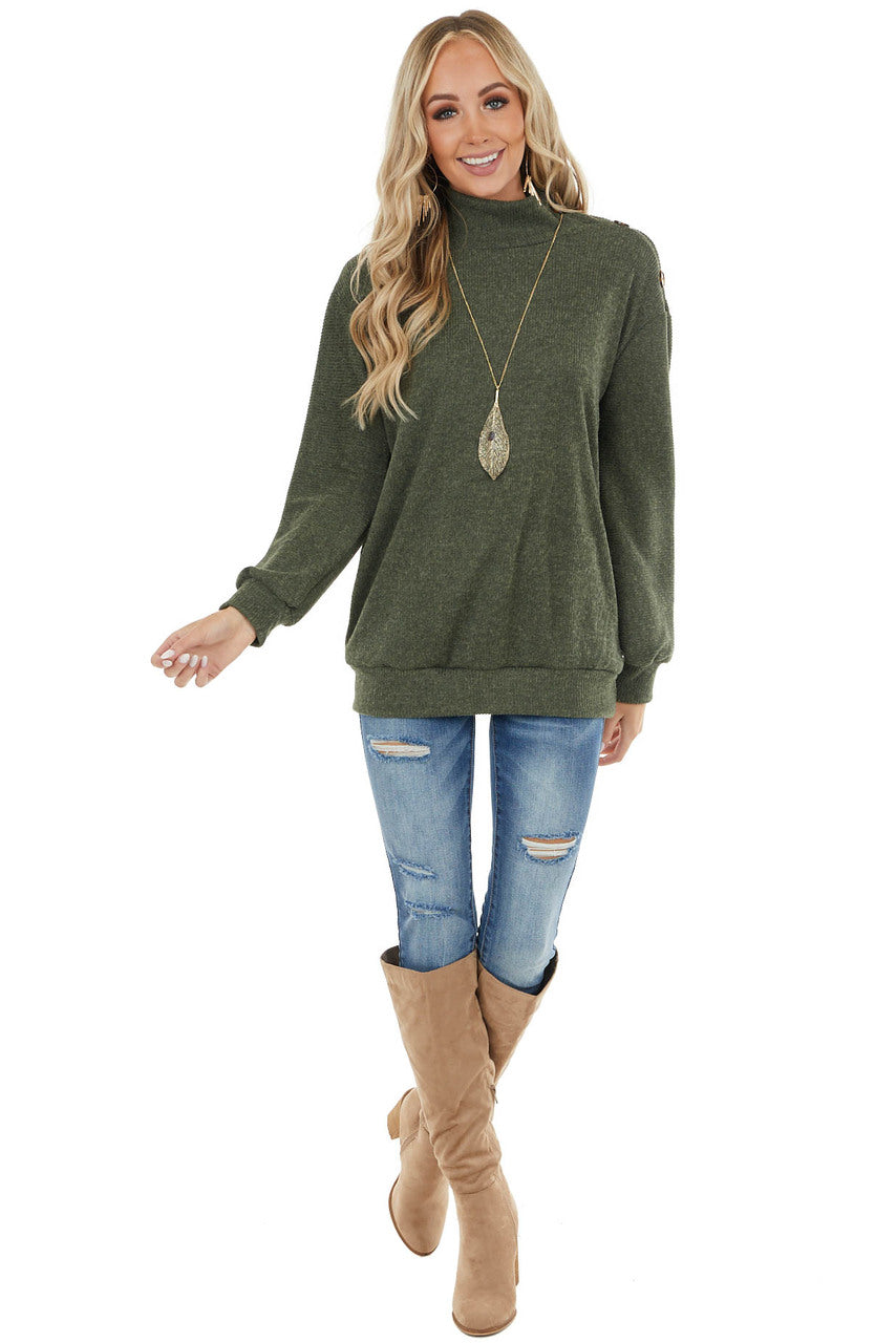 Olive Ribbed Knit Top with Mock Neck and Buttons