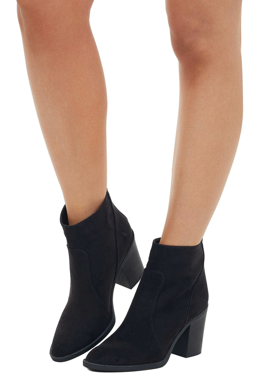 Black Pointed Toe Ankle Suede Booties with Block Heel